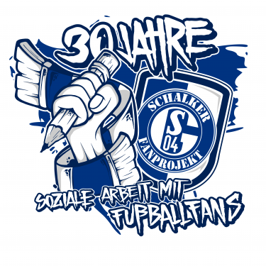 Jubliäumslogo des Schalker Fanprojektes, 30 Jahre, Graffiti-STil mit einer Hand die einen Bleistift hält, Schrift im Logo besagt: Soziale Arbeit mit Fußballfans